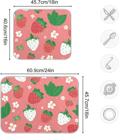 Dish Drying Mat 16x18 For Kitchen Counter Cute Strawberry Pink Green Absorbent Dishes Drainer Rack Mats Microfiber Reversible Dish Drying Pad Fast Dry Kitchen Accessories