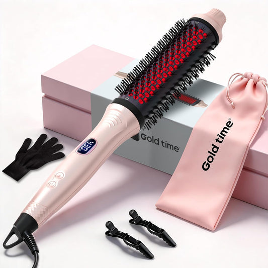 Infrared Thermal Brush 1.6 Inch Ionic Heated Thermal Round Brush Hair Straightener & Curler Styler, 6 Heat Settings, LED Display, Dual Voltage, Auto Shut-Off, Pink