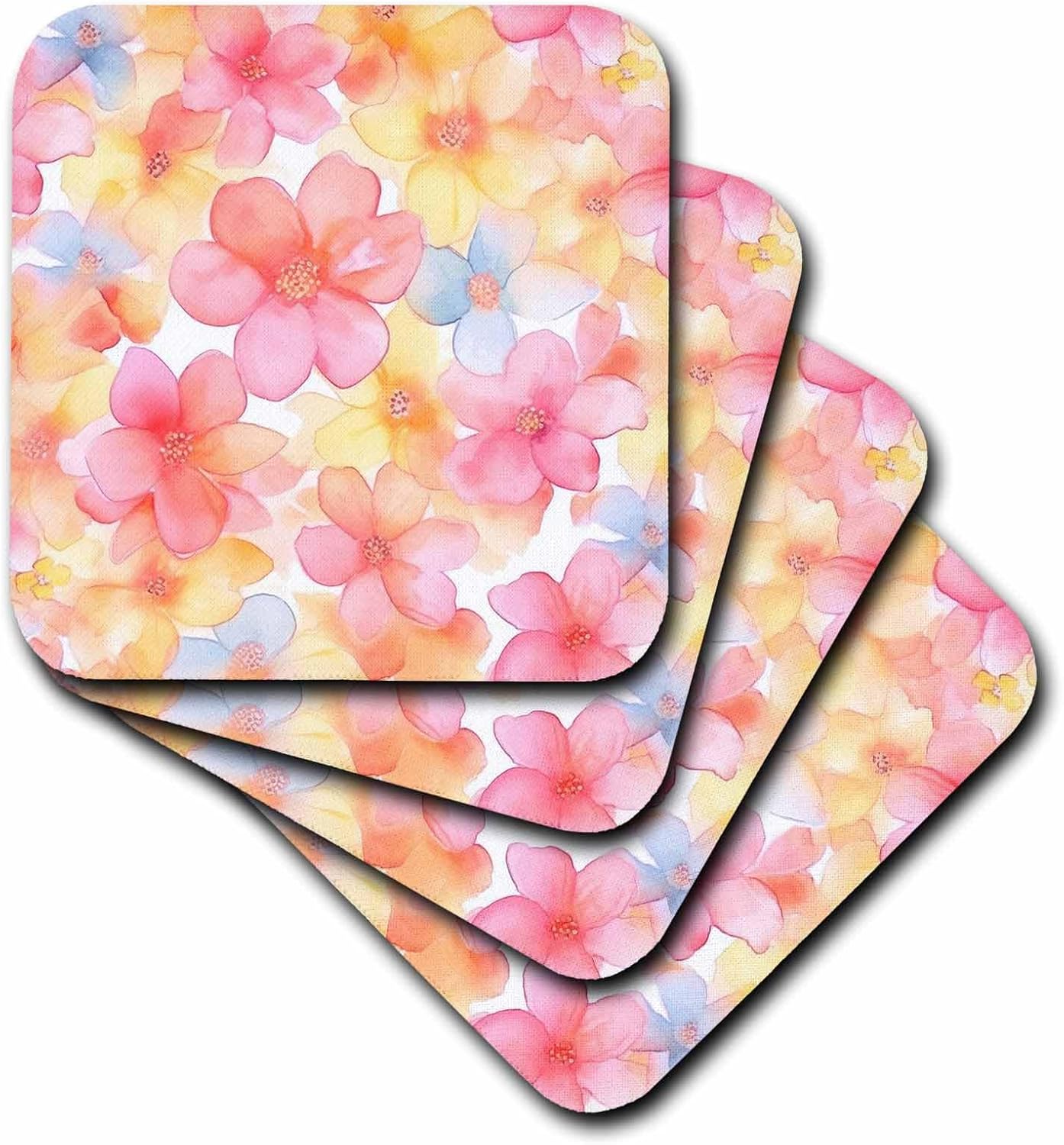 3dRose Pretty Pink, Light Blue, and Yellow Summer Flower Background Set of 8 Coasters - Soft