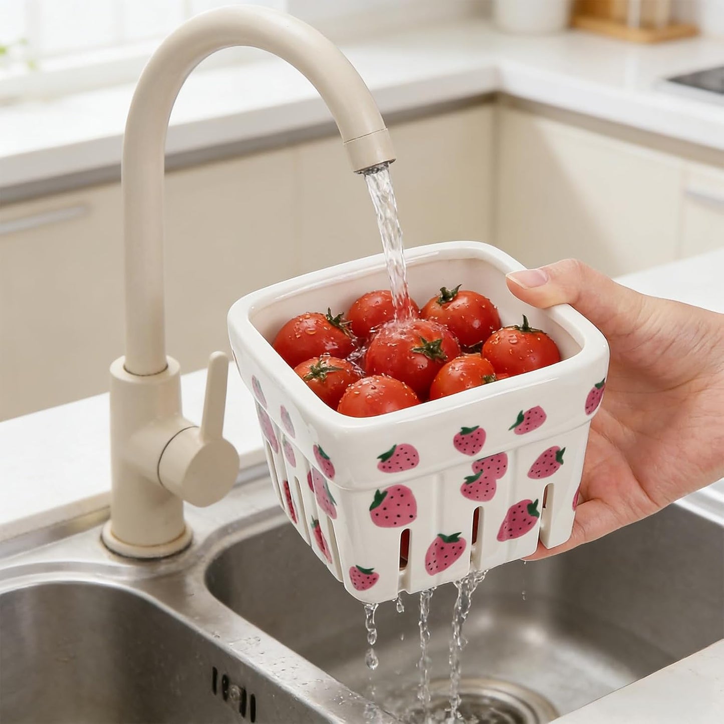 Pumtus 4 Pack Ceramic Berry Baskets, 4.7" Square Fruit Bowl with Holes & Pads, Pink White Fridge Berry Container, Decorative Strawberry Grape Cherry Colander, Fruit Crate Holder for Gift Kitchen