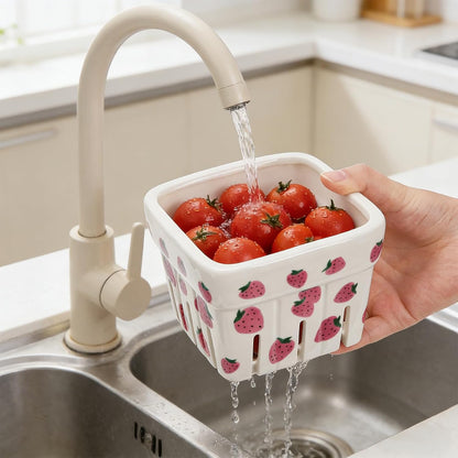 Pumtus 4 Pack Ceramic Berry Baskets, 4.7" Square Fruit Bowl with Holes & Pads, Pink White Fridge Berry Container, Decorative Strawberry Grape Cherry Colander, Fruit Crate Holder for Gift Kitchen