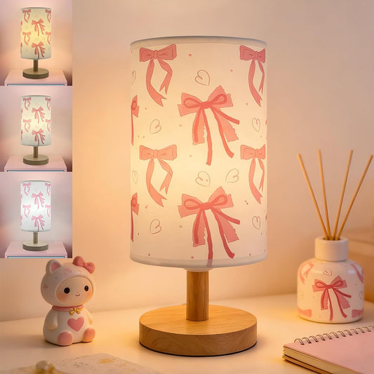Pink Bow Table Lamp,3 Colors Bedside Lamp for Kids Bedroom Nightstand Night Light Girls Room Decorative Lights with Cartoon Flaxen Fabric Shade Desk Lamp for Girls Boys Birthday Gifts for Home Decor