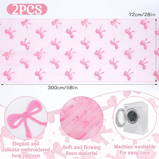 2 Pcs Pink Bow Table Runner, 28 x 118 Inch Pink Bow Tulle Table Runner 9.8 Feet Cute Gauze Dessert Tables Runners for Birthday, Party, Baby Shower, Wedding, Valentine's Day