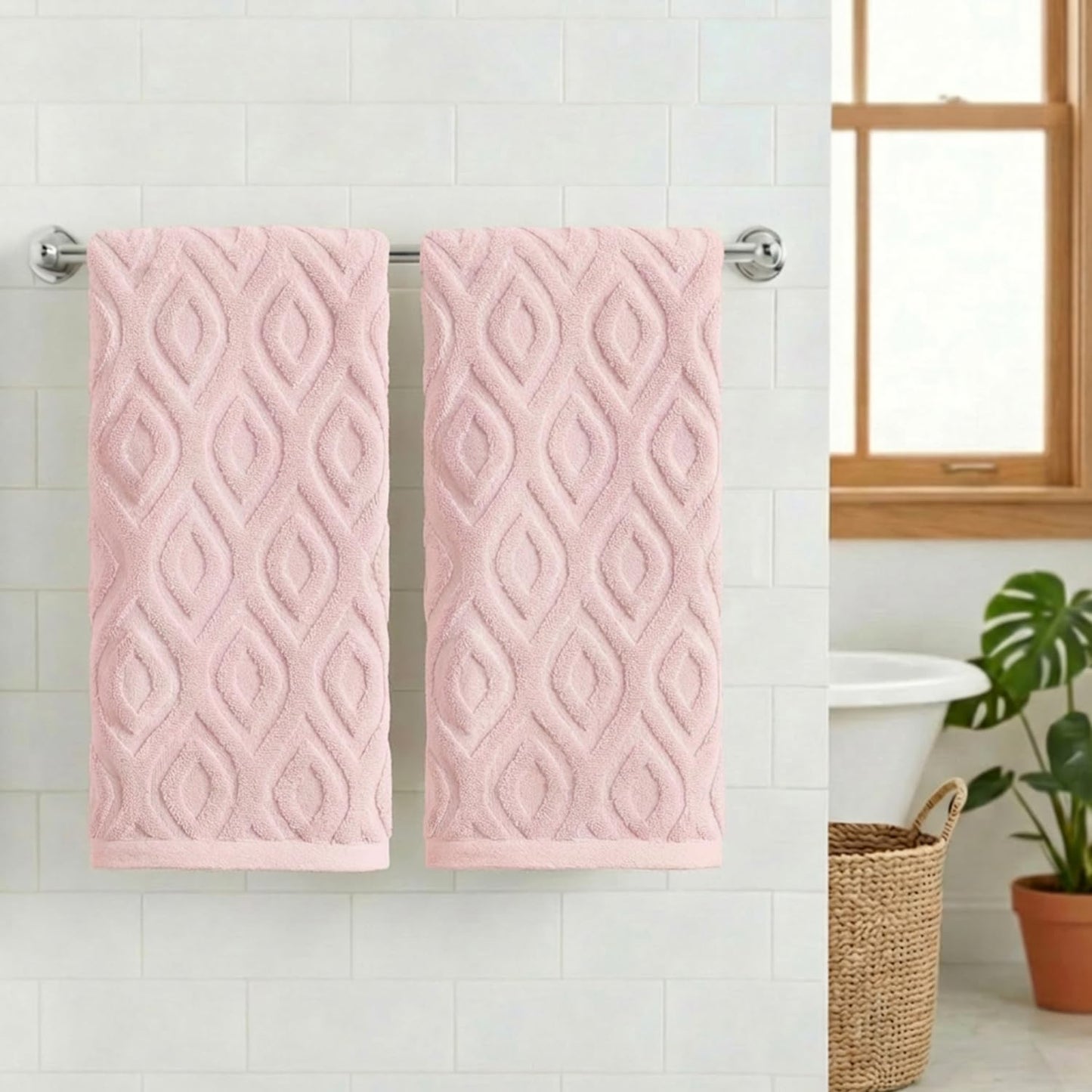 Artoid Mode 2 Pcs Pink 3D Diamond Grid Jacquard Hand Towels for Bathroom, 100% Cotton Soft Absorbent Bathroom Decor Towels, 13.7 x 29.5 Inch