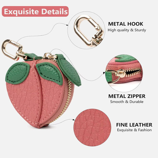 Cute Fruit Coin Purse Bag Charm,Mini Leather Coin Change Purse & Pouch Holder Keychain Charm for Handbag Tote Wallet Airtag Accessories,Kawaii Fruit Bag Charms for Girl Women Peach