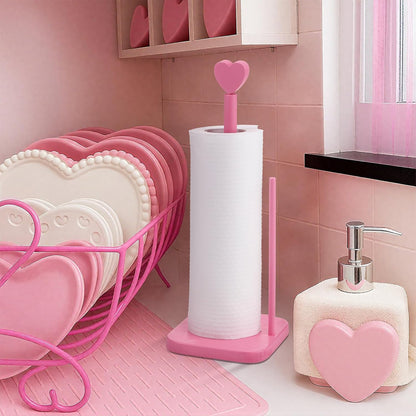 Leinuosen Valentines Day Pink Heart Paper Towel Holder Cute Heart Wooden Paper Towel Holder Pink Bathroom Countertop Accessories Kitchen Roll Stand Organizer Standing Apartment Decor Housewarming Gift