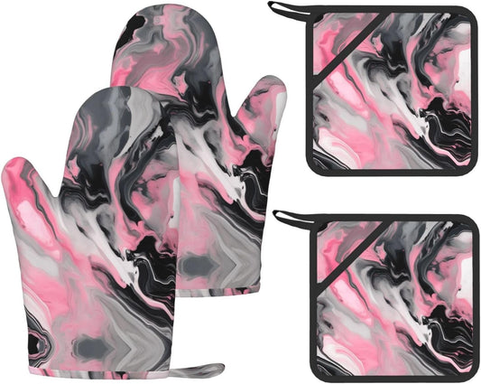 Pink Abstract Ink Marble Gray Artistic Print Oven Mitts and Pot Holders 4-Piece Set Heat Resistant Baking Gloves Silicone Kitchen Gloves