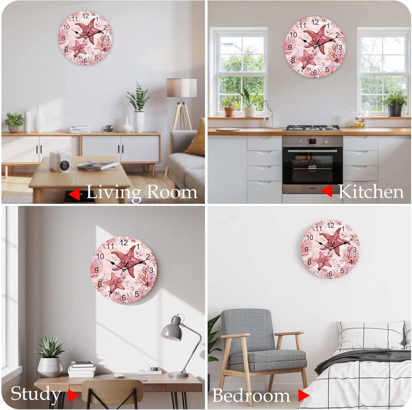 LooPoP Wall Clock Red Pink Starfish Clocks PVC Silent Non-Ticking Battery Operated Decorative Coastal Ocean Coral Round Clock for Home Living Room Kitchen Bedroom Office School Wall Decor 14 Inch
