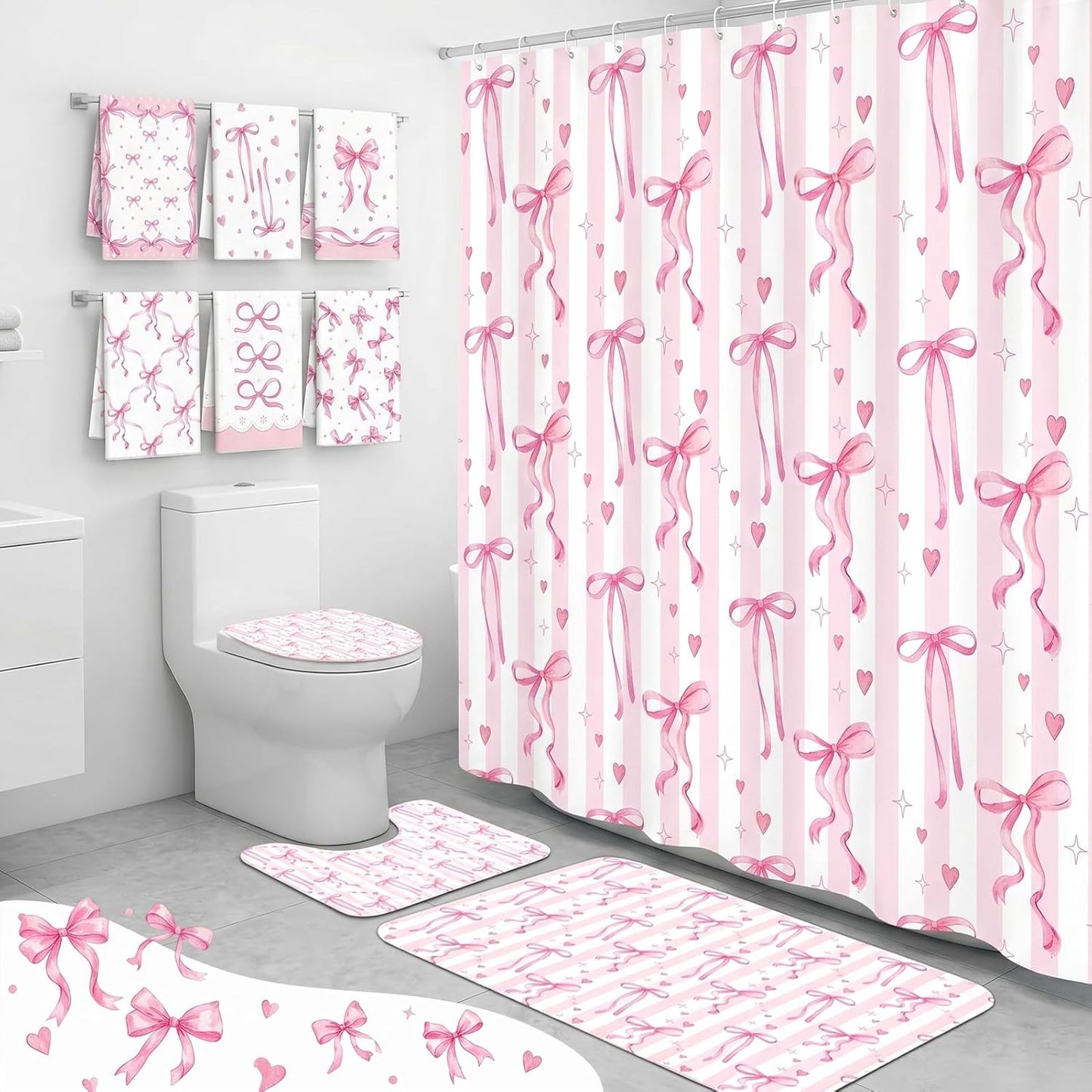 Britimes 10 Pcs Pink Bows Bathroom Sets with Shower Curtain and Rugs and Towels, Coquette Aesthetic Bathroom Decor Pink Shower Curtain Set with Bath Mat Toilet Rug 12 Hooks 6 Microfiber Towels