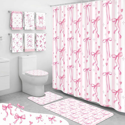 Britimes 10 Pcs Pink Bows Bathroom Sets with Shower Curtain and Rugs and Towels, Coquette Aesthetic Bathroom Decor Pink Shower Curtain Set with Bath Mat Toilet Rug 12 Hooks 6 Microfiber Towels