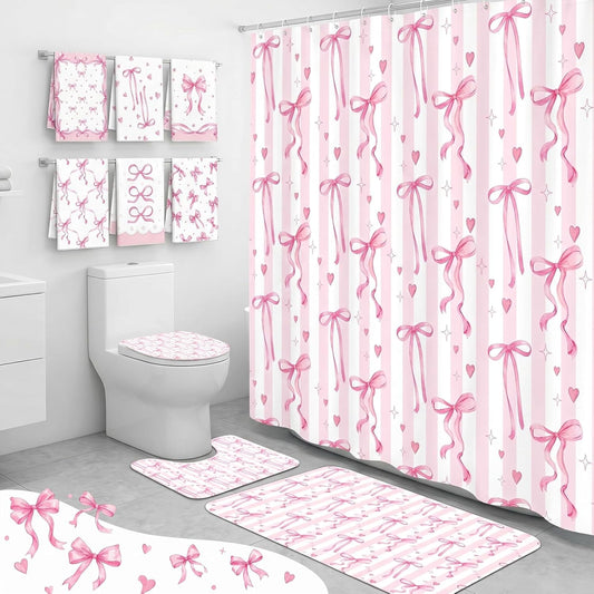 Britimes 10 Pcs Pink Bows Bathroom Sets with Shower Curtain and Rugs and Towels, Coquette Aesthetic Bathroom Decor Pink Shower Curtain Set with Bath Mat Toilet Rug 12 Hooks 6 Microfiber Towels
