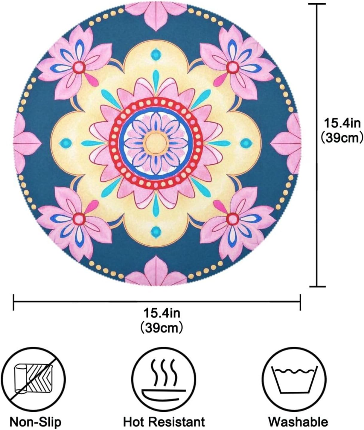 Cherry Blossom Boho Pattern Blue Peach table placemat round placemats heat resistant waterproof toddlers porta platos para mesa 15.4x15.4in set of 6