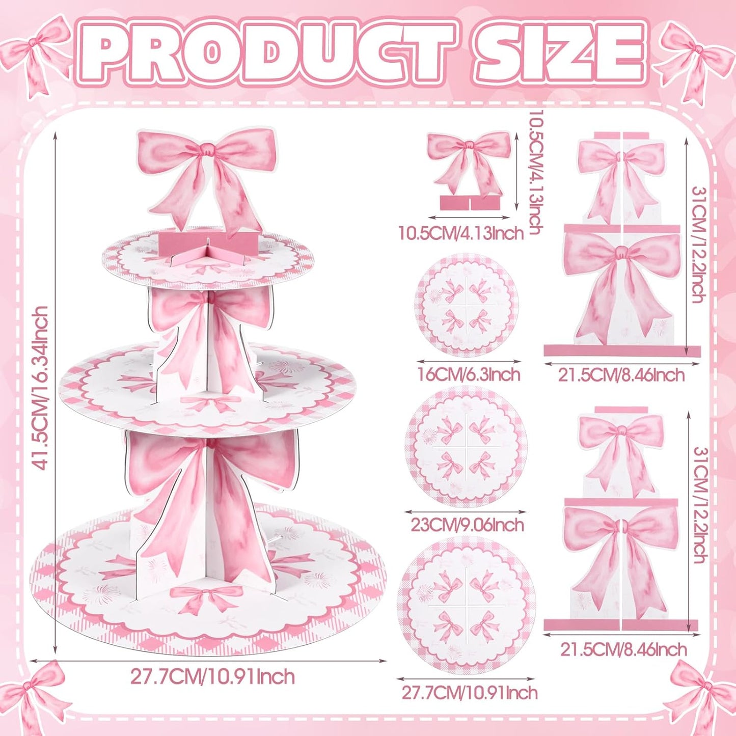 Willinglong 3 Tier Pink Bow Cake Stand Coquette Bow Party Birthday Cake Stand Decorations Pink Dessert Tower for Wedding Garden Birthday Party Supplies