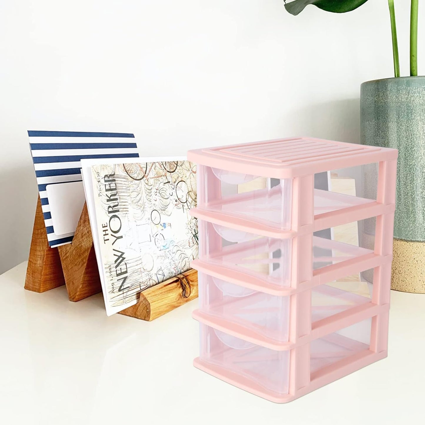 STOBOK Storage Drawer, 4 Layers Plastic Drawers Multifunctional Desktop Storage Box Storage Containers Small Drawers Organizer for Home, Office, Sundries Holder,Pink 30.5X17.5CM