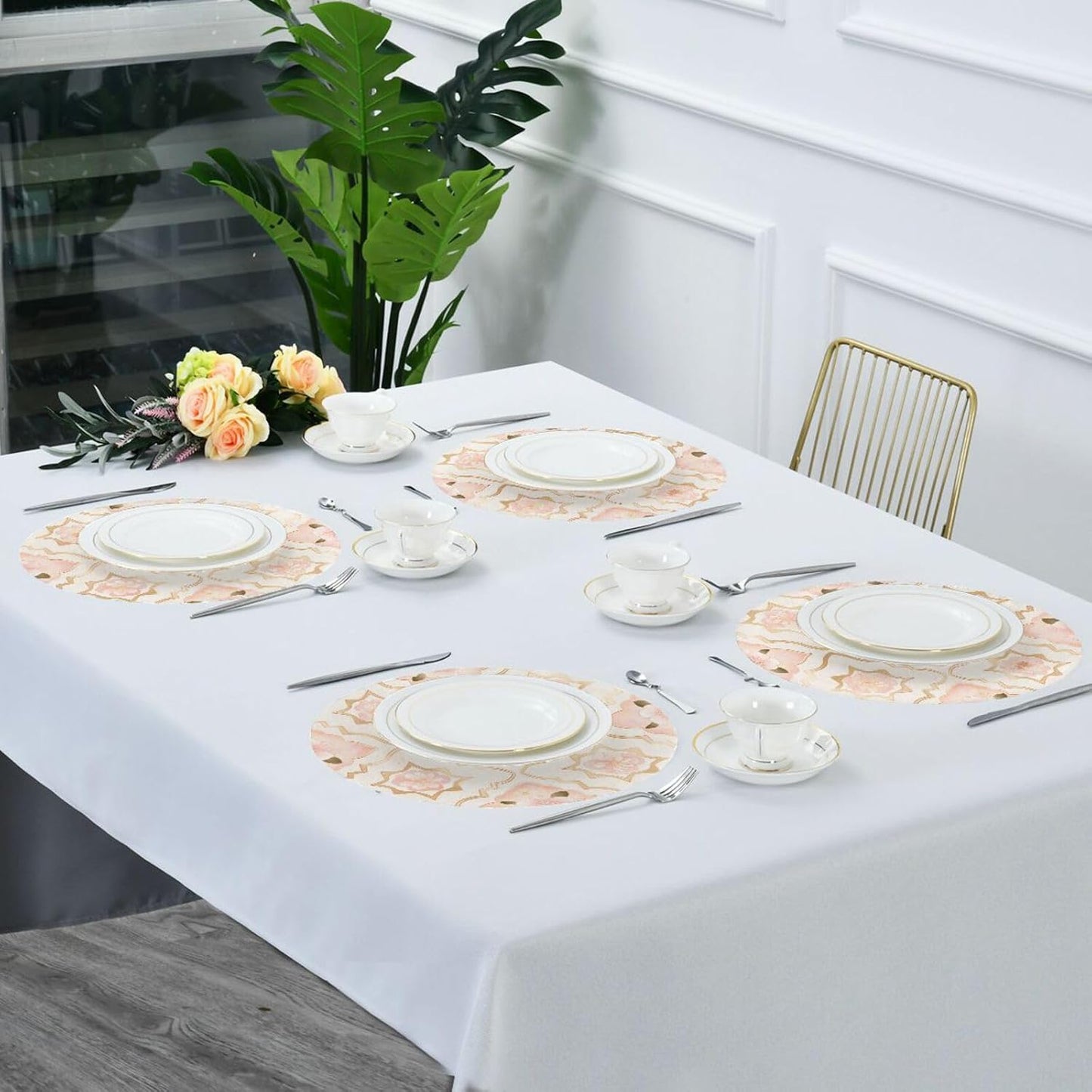 Rosette Pattern Peach Gold Floral Round Reversible placemats Heat Resistant Waterproof Set of 6 placemats for Dining Table 15.4x15.4in