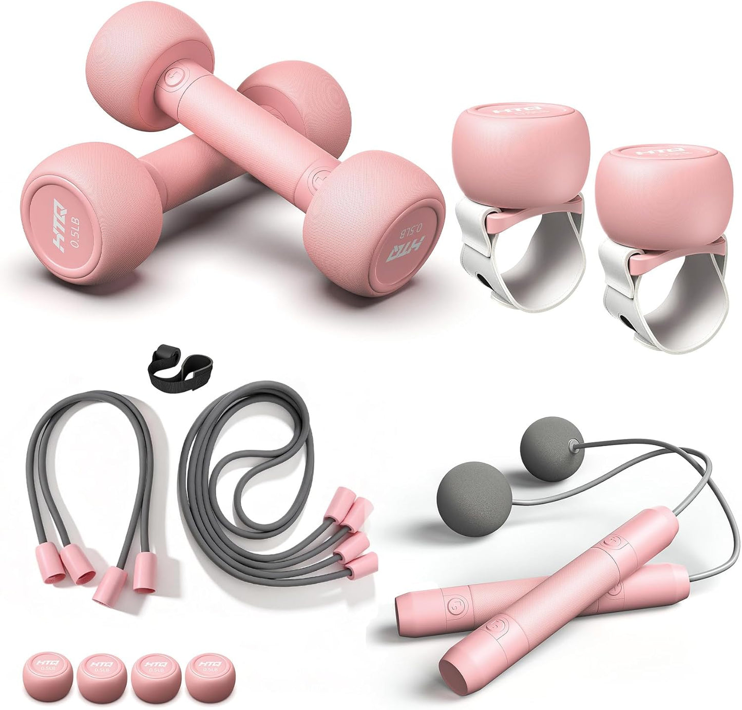 HTQ Adjustable Dumbbells, 5 in 1 Dumbbells Set Used as Barbell, Kettlebells, Jump Rope, Wrist Weights, Resistance Band, Fitness Exercises for Home Gym Suitable for Women, Pink/Green