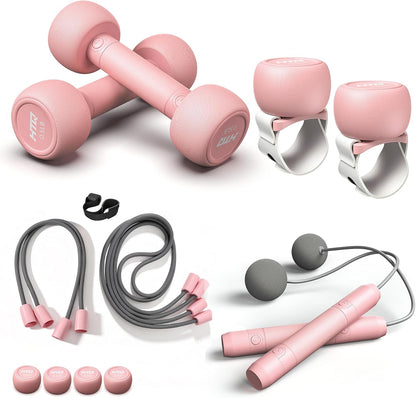 HTQ Adjustable Dumbbells, 5 in 1 Dumbbells Set Used as Barbell, Kettlebells, Jump Rope, Wrist Weights, Resistance Band, Fitness Exercises for Home Gym Suitable for Women, Pink/Green