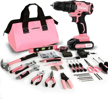 COMOWARE 20V Cordless Drill Set, 171Pcs Pink Home Tool Set with Cordless Drill Driver, Complete Repair Tool Kit for Women, Pink Storage Bag, Ideal for Office, Garden, DIY Project