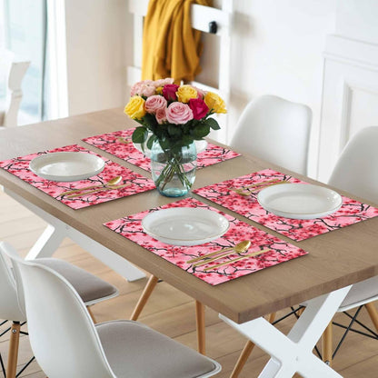 Chinese Flowers Placemats Set of 4, Washable PVC Kitchen Table Mats Place Mats, Spring Pink Peach Blossoms Floral Woven Vinyl Placemat for Dining Table, 13" x 19"