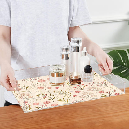 Elegant Floral Pink Acrylic Serving Tray 12"x16", Decorative Tray for Coffee Table Countertop, Non-Slip & Spill-Proof, Smooth Edge Breakfast Bed Tray for Vanity Living Room