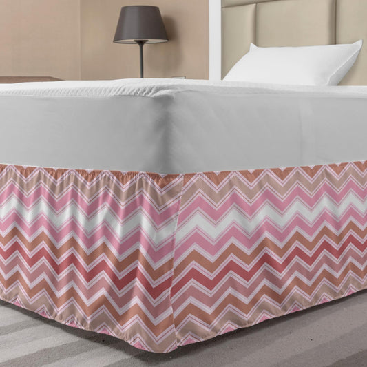 Lunarable Peach Pink Bed Skirt, Modern Style Soft Pastel Colored Horizontal Abstract Chevron Interpretation, Elastic Bedskirt Dust Ruffle Wrap Around for Bedding Decor, Full, Multicolor
