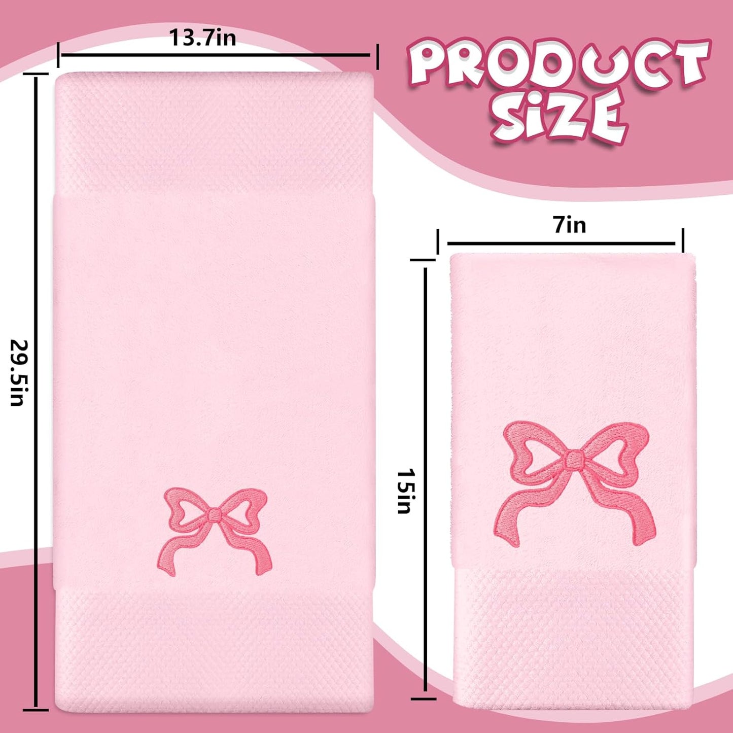 FYSUIMU 2 Pack Pink Bow Hand Towel Cotton Embroidered Cute Bowknot Bathroom Towel Dish Towels for Kitchen Hand Drying Cleaning Cooking, 29.5 x 13.7 Inch