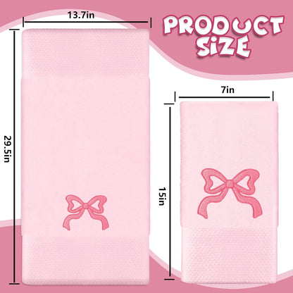 FYSUIMU 2 Pack Pink Bow Hand Towel Cotton Embroidered Cute Bowknot Bathroom Towel Dish Towels for Kitchen Hand Drying Cleaning Cooking, 29.5 x 13.7 Inch
