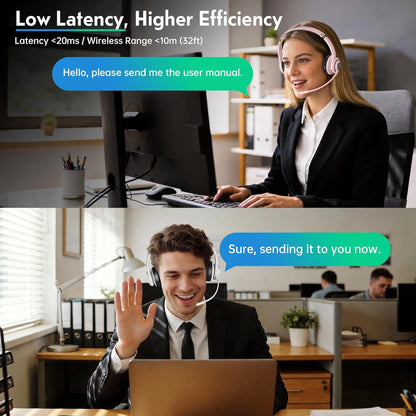 Wireless Headsets with Microphone, Ultra Lightweight& 50+ Playtime, Wireless Headset for Cell Phones, On Ear Bluetooth Headphone Fit for PC/Call Center/Computer/Laptop/Teams - Light Pink
