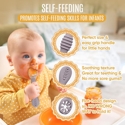 HippoBaby 4pc Silicone Baby Spoons Self Feeding Baby Utensils 6-12 Months - 3 Baby Spoon - 1 Baby Fork - Toddler Cutlery Set - BPA Free, Dishwasher Safe, Baby Eating Essentials (Light pink/Army Green)