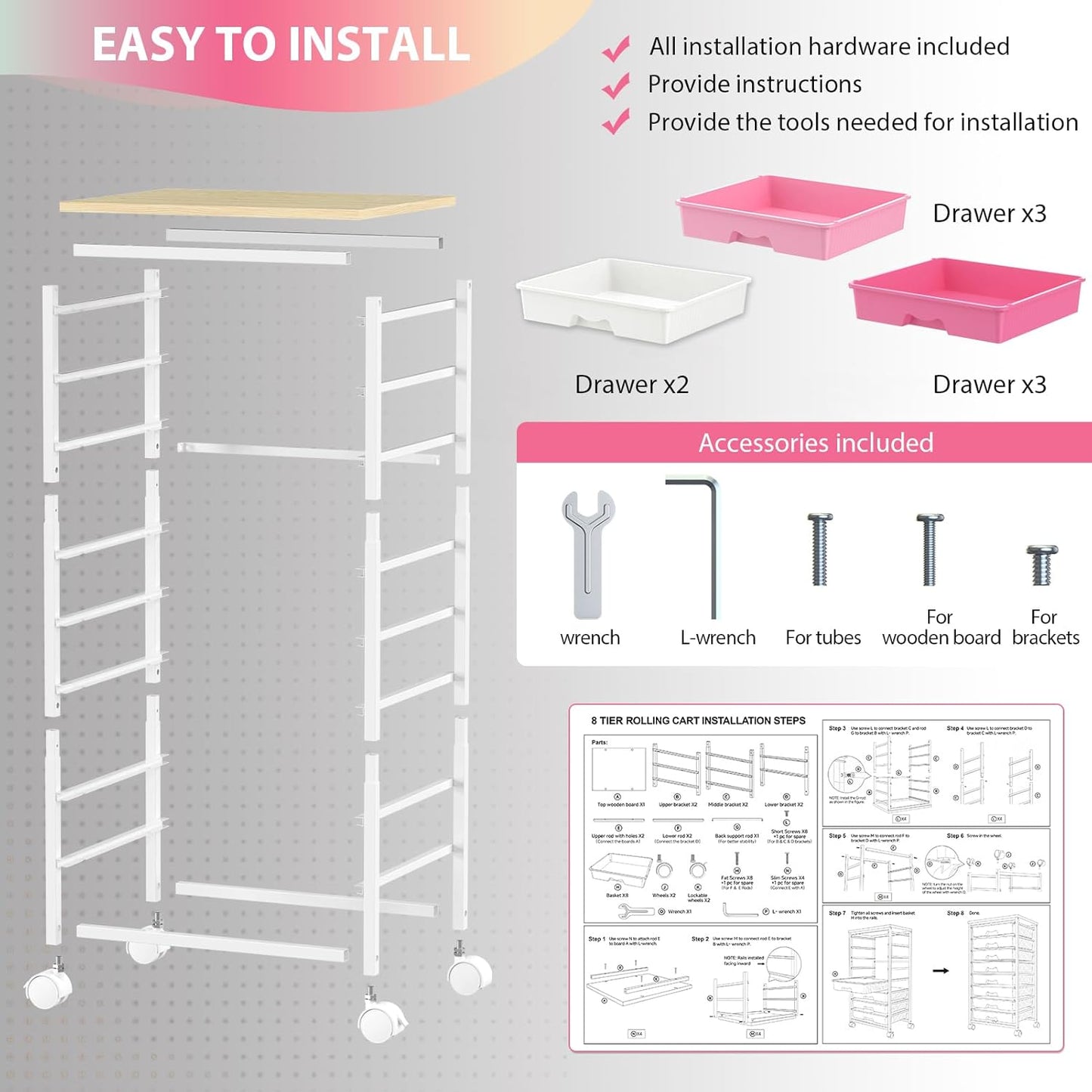 Goovilla Rolling Cart with Drawers, Utility Cart Organizer With 8 Removable Drawers and Wooden Tabletop, Lockable Rolling Storage Organizer for Art, Classroom, Home, Dorm, Office, Craft Storage, Pink