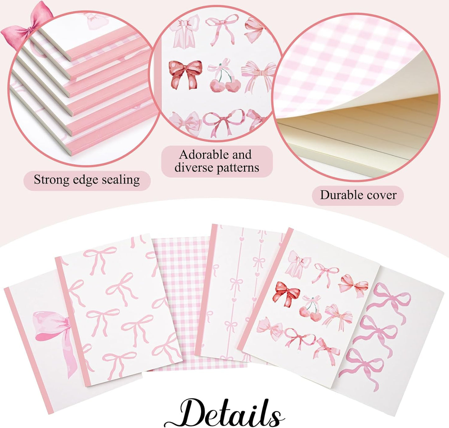 6 Pcs Pink Bow Composition Notebooks Bundle, Cute Girly Aesthetic College Ruled Journal, Back to School Gift for Teacher, Student, First Day of School Favors, 7-1/2" x 10" Journals, 110 Pages Per Book
