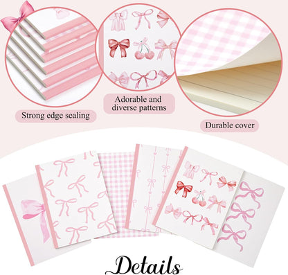 6 Pcs Pink Bow Composition Notebooks Bundle, Cute Girly Aesthetic College Ruled Journal, Back to School Gift for Teacher, Student, First Day of School Favors, 7-1/2" x 10" Journals, 110 Pages Per Book