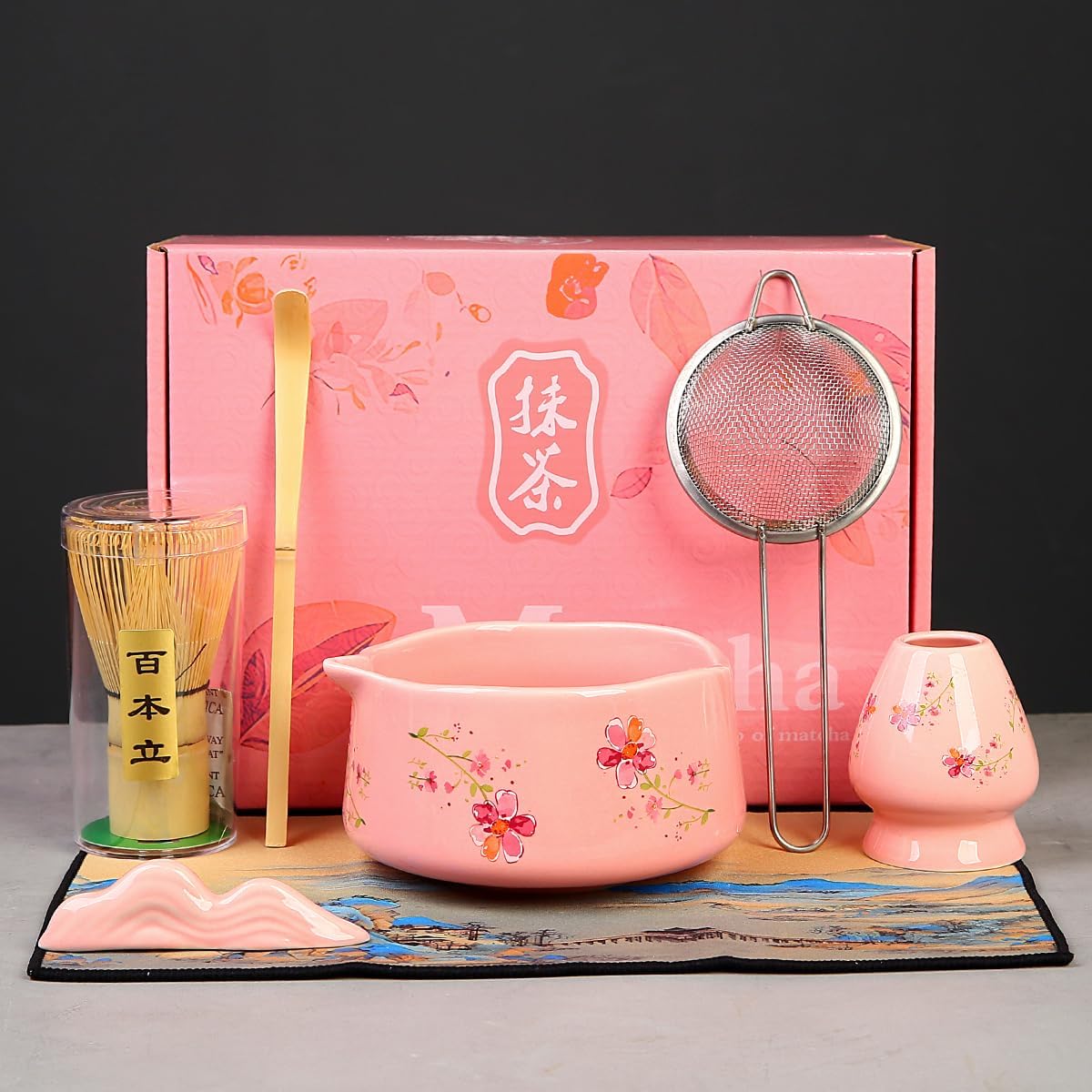 Matcha Set 7-Piece matcha whisk set，matcha kit,matcha set, 1 Scoops, Strainer,1 matcha whisk ，macha whisk set (pink)