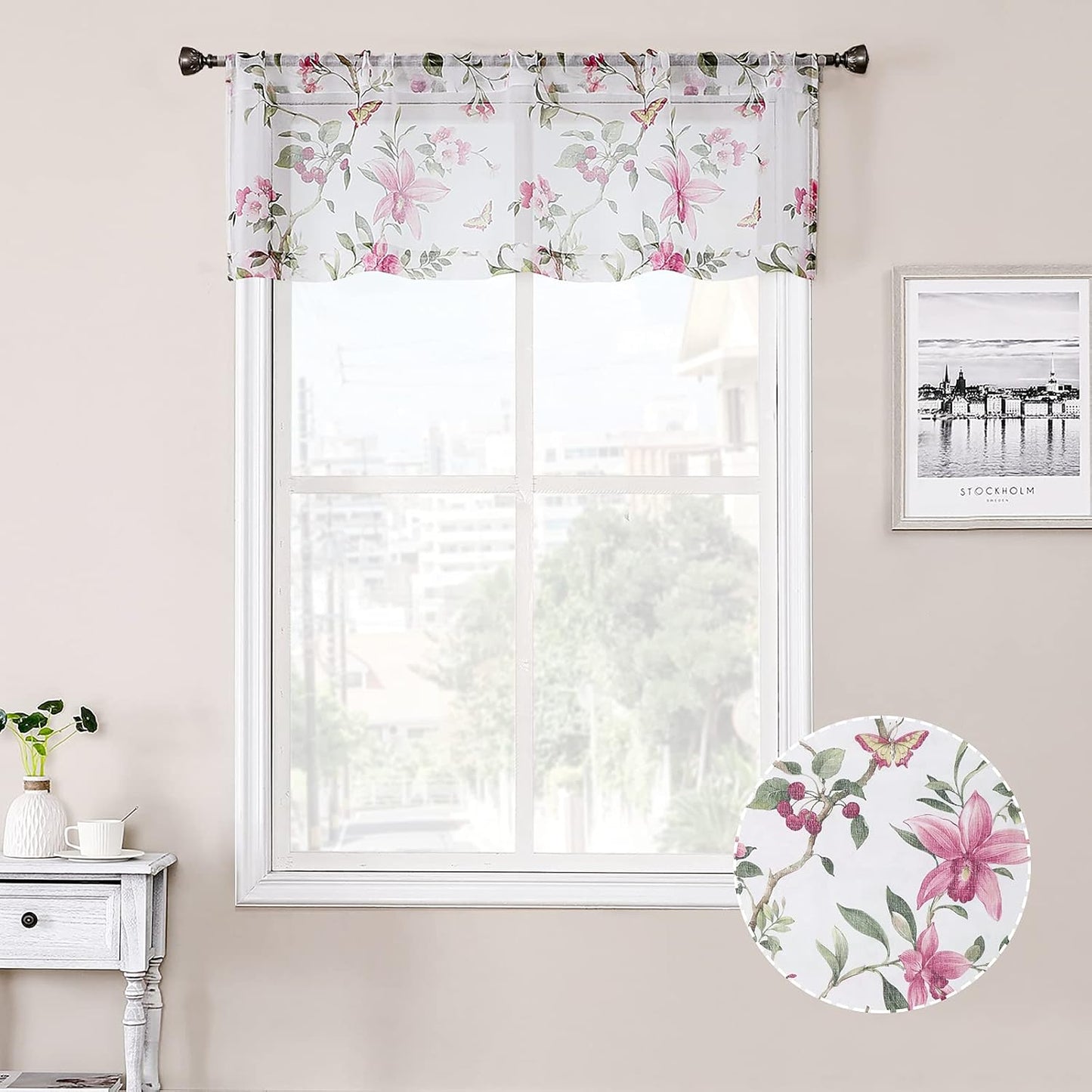 Tollpiz Floral Sheer Curtain Valance Pink Cherry Flower Butterfly Print Living Room Valance Curtains Rod Pocket Voile White Sheer Curtain Valances for Bedroom, 54 x 16 inches Long, Set of 1 Panel