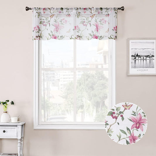 Tollpiz Floral Sheer Curtain Valance Pink Cherry Flower Butterfly Print Living Room Valance Curtains Rod Pocket Voile White Sheer Curtain Valances for Bedroom, 54 x 16 inches Long, Set of 1 Panel