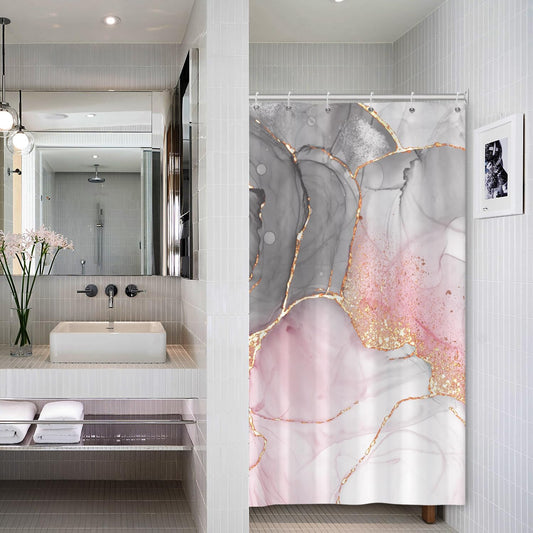 Renaiss 36x72 inch Marble Small Stall Shower Curtain Gray Pink Gold Stripes Texture Watercolor Modern Ink Art Half Narrow Fabric Shower Curtains for Bathroom Decor Waterproof with Hooks
