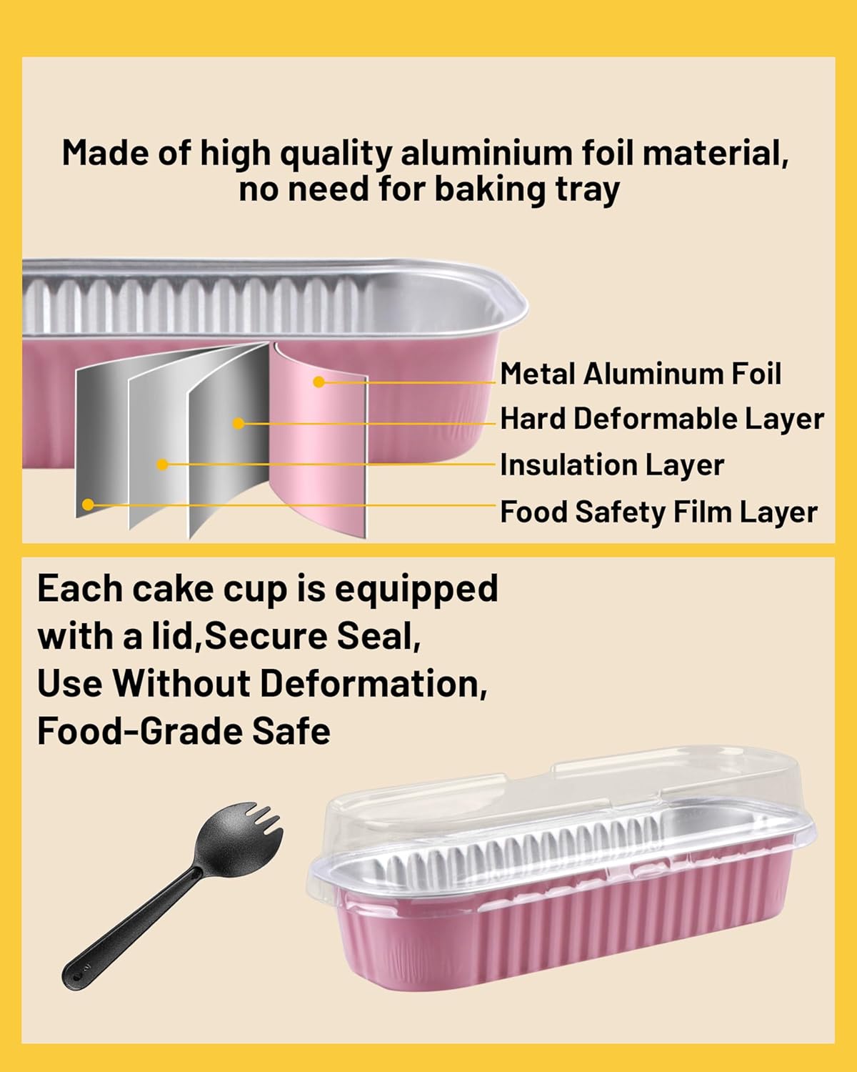 Mini Cake Pans with Lids & Spoons, 6.8oz 50 Pack Aluminum Mini Loaf Pans, Oven Safe Disposable Baking Tins for Brownie Cheesecake Lasagna,Pink