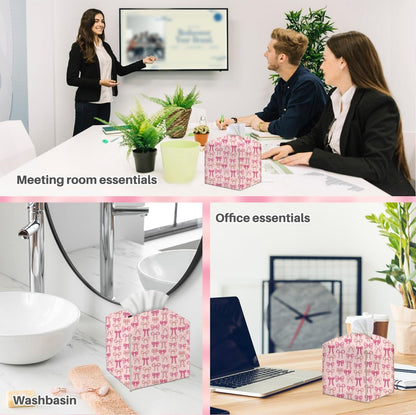 Tissue Box Cover, Tissue Box Holder, Square with Belt Bottom, PU Leather Decorative Organizer for Desk, Tabletop, Countertop Bathroom, Toilet Car, Office, Dresser Bedside, Aesthetic Pink Bow Decor