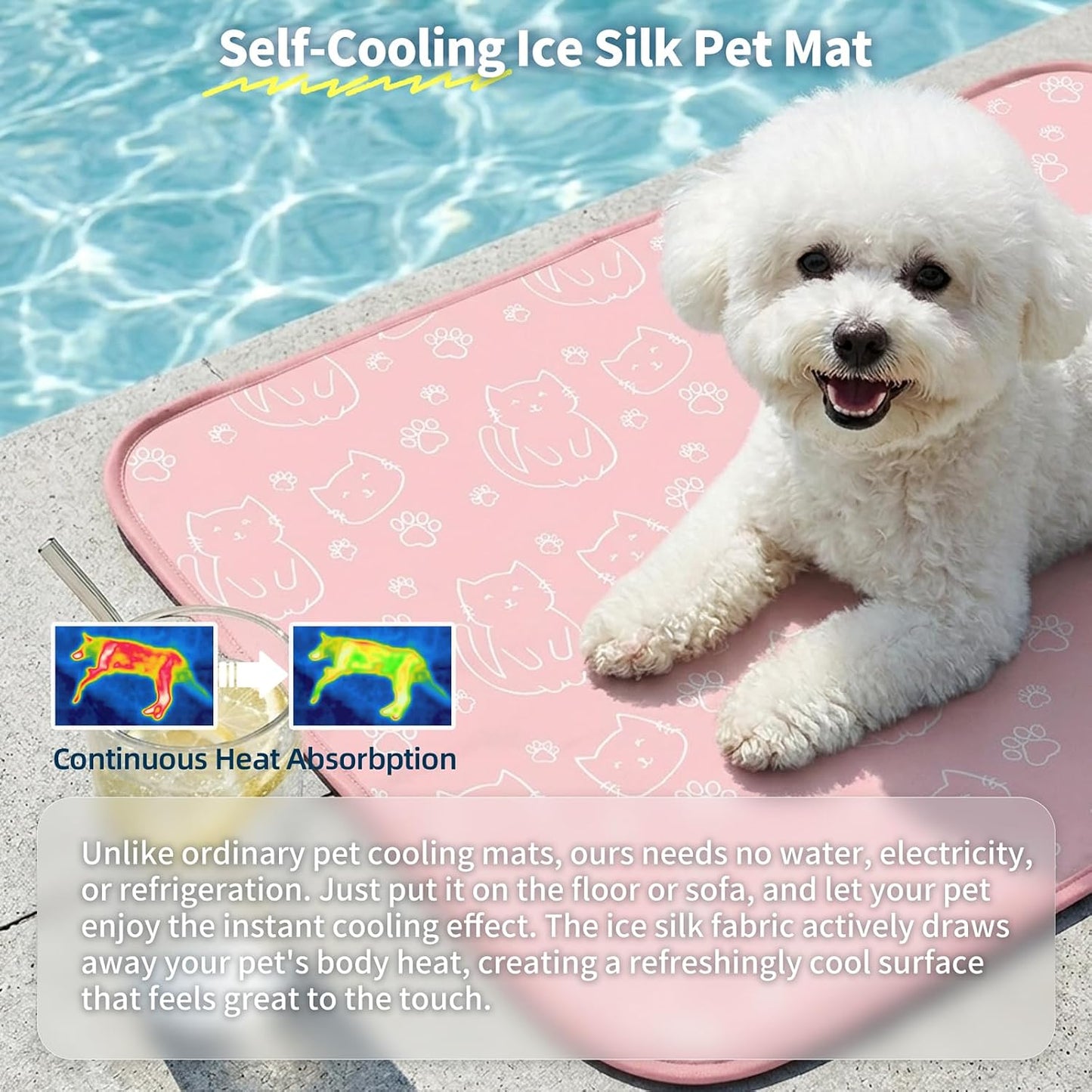 NWK Pet Cooling Mat -Q-Max>0.345 Ice Silk Cooling Mat for Dogs & Cats Portable & Washable Pet Cooling Blanket, Car Seats, Beds for Summer (Pink Cat, 27'' X 20'' X 0.3'')