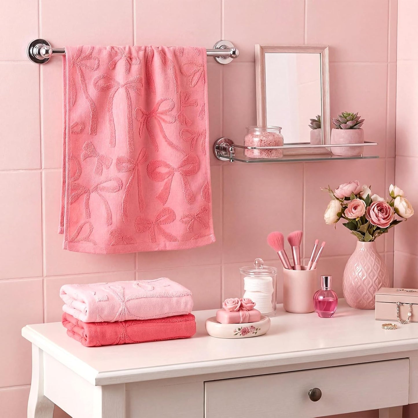 Moukeren 3 Pcs Pink Bow Hand Towels for Bathroom Pink Bow Bath Towels Set 100% Cotton Jacquard Absorbent Lightweight Soft Decorative Gift for Kitchen Bathroom Decor 13.8 x 29.5 Inch