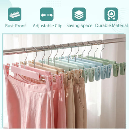 Novabright 12 Pack Pastel Pants Skirt Hangers with Clips Pink Blue Green Yellow Non-Slip Adjustable Hangers Plastic 360° Swivel Hook Space-Saving Trousers Shorts Closet Organizer for Top and Bottom
