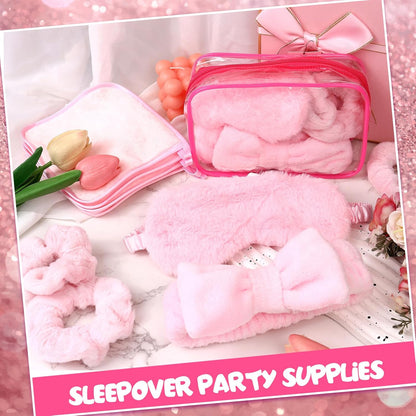 30 Pcs Spa Sleepover Party Supplies 6 Bow Makeup Headband 6 Pink Plush Sleep Eye Mask 6 Velvet Scrunchies 6 Makeup Remover Cloth 6 Clear Cosmetic Bags for Women Slumber Party Favors