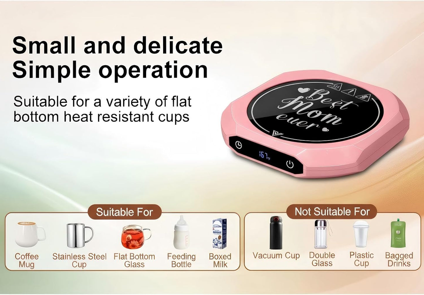 Coffee Mug Warmer with Timer for Desk, Auto Shut Off, Pink | 40W Fast Warmer & 3 Temp; Smart 1-12H Timer & Auto Shut-Off; Compact Pink Hot Plate for Desk; Ideal Gift for Mom & Wife