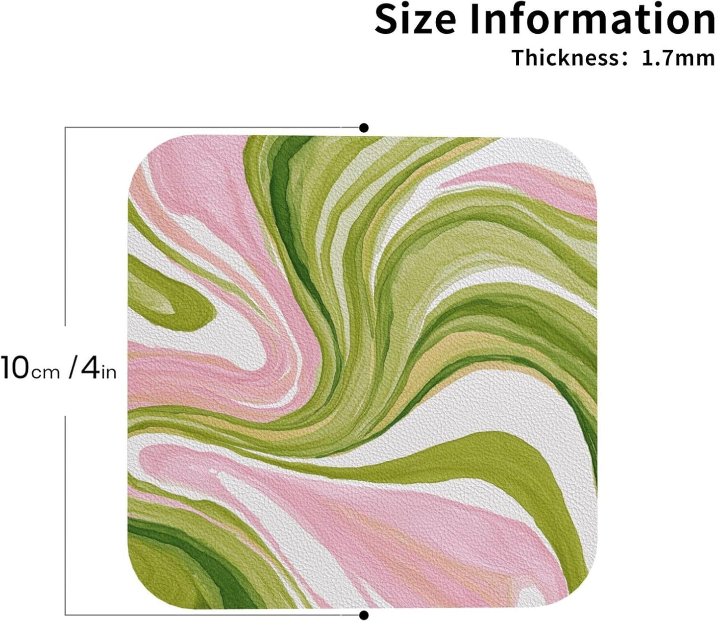 Watercolor Light Pink Green Swirl Marble Drinks Coasters Set of 4 Leather Drink Coasters for Tabletop Protection Heat Resistant Bar Cup Mat Pad