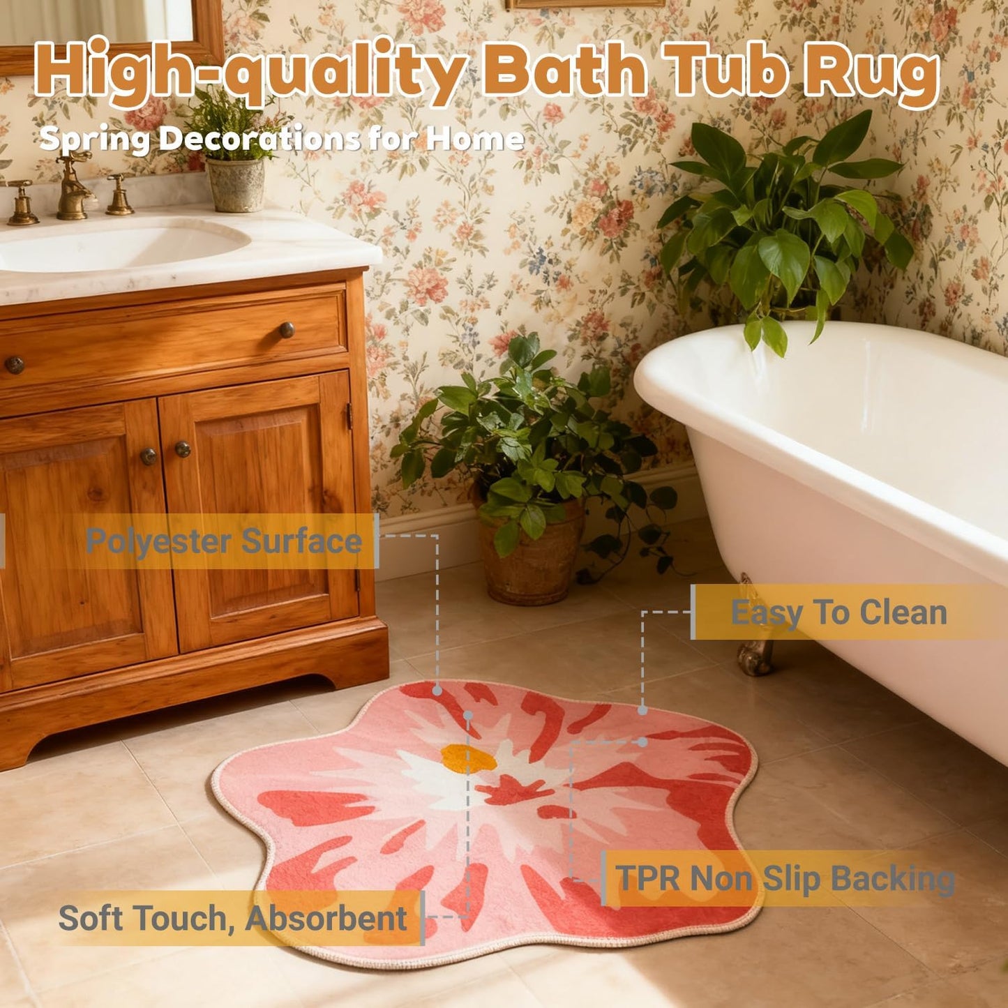 Pink Hibiscus Bath Rug 27" x 23" Flower Shaped Non-Slip Cute Thin Fluffy Spring Summer Plant Small Area Accent Indoor Door Rug for Bathroom Bedroom Garden House, Absorbent Washable Quick Dry