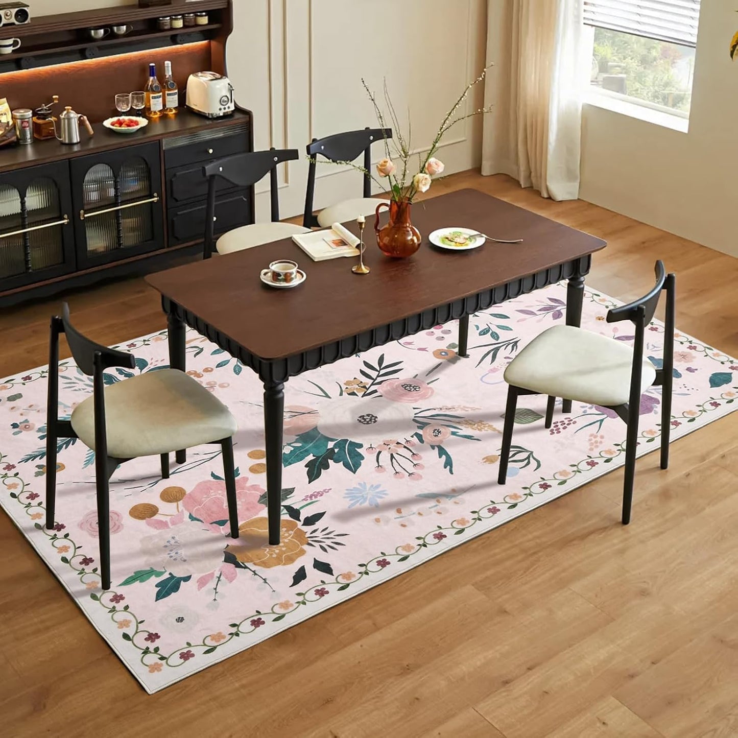 Rugs for Bedroom 5x7 Pink Boho Floral Washable Soft Area Rug for Living Room Dining Room Office Carpet