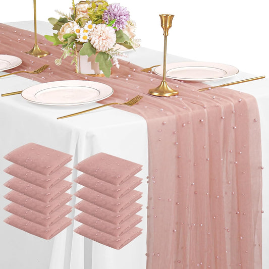 12 Pack 10FT Pearl Table Runner 30x120 Inch Dusty Pink Tulle Fabric Boho Rustic Sheer Table Runners Lace Table Cloth for Wedding Bridal Shower Birthday Party Arch Veil Dessert Table Decor (Dusty Pink)