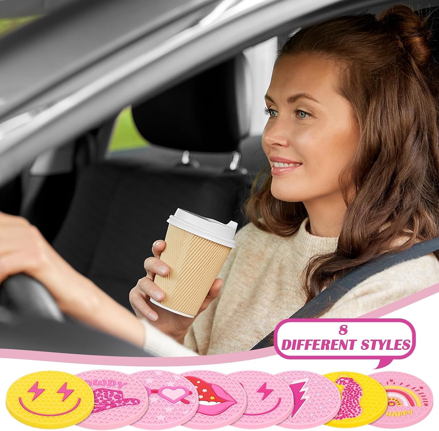 Lallisa 8 Pcs Pink Car Coasters Preppy Cup Holder Coasters Preppy Car Accessories Pink Leopard Smile Face Cup Holder Anti Slip Heat Silicone Mugs Mat for Woman Auto Home Office Table 2.8''