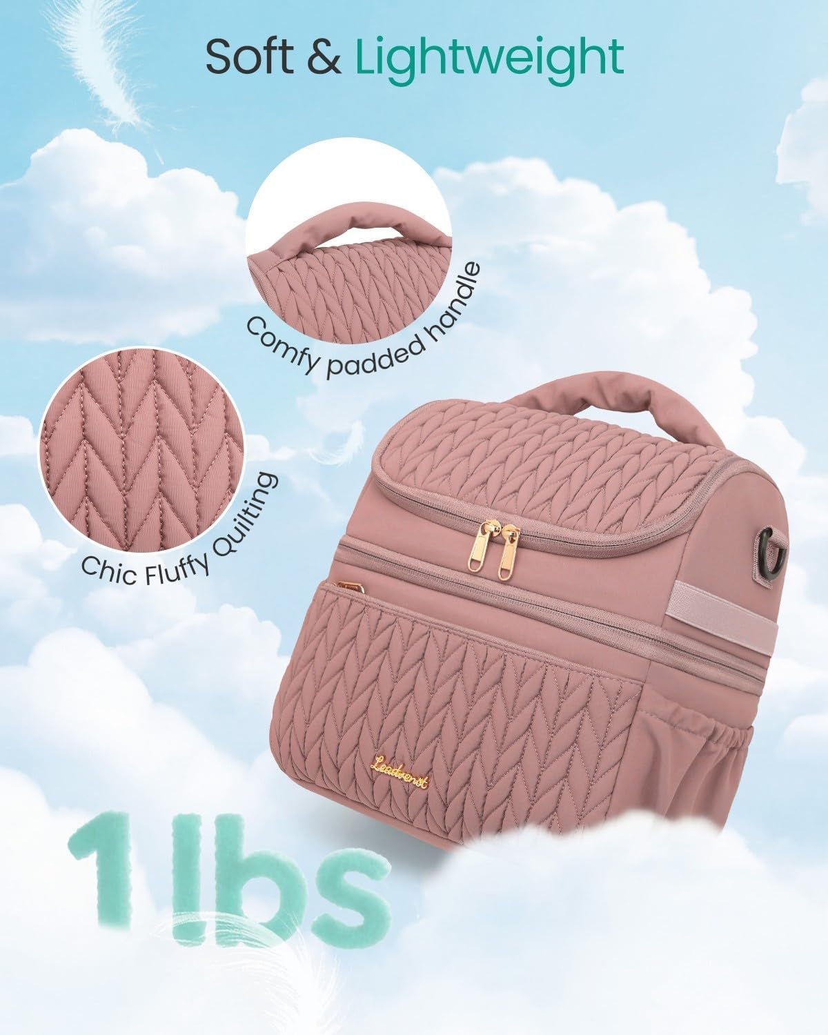 Lunch Bag Women, Double Deck Insulated Lunch Box - Large Capacity 12L with Detachable Divider for Tall Items, Leakproof, Durable & Reusable Cooler Bag For Work Picnic Travel, Quilted Pink