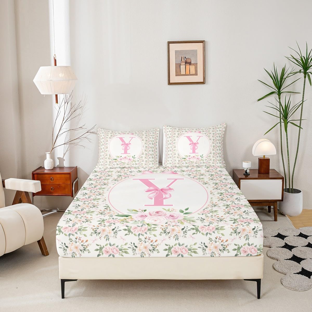 Erosebridal Letter Y Fitted Sheet Twin Size Peach Blossom Bed Sheets Kawaii Girly Bowknot Coquette Bedding Set for Kids Girls WomenPreppy Princess Bow Cute Fashion Sheets